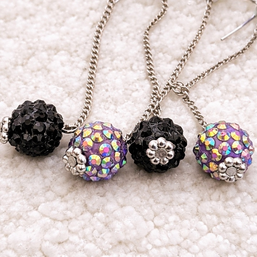 NWT Crystal Rhinestone Ball Drop Earrings 2 Pair Black Purple Disco Sparkle